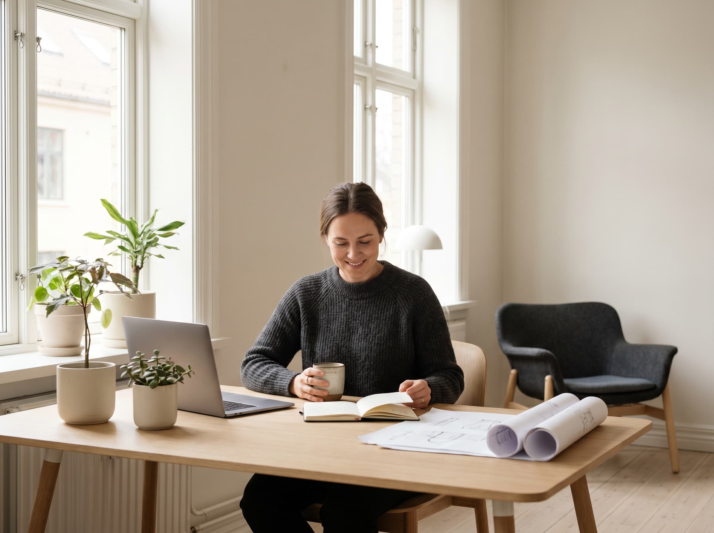 Gründer som starter bedrift ved et lyst skrivebord